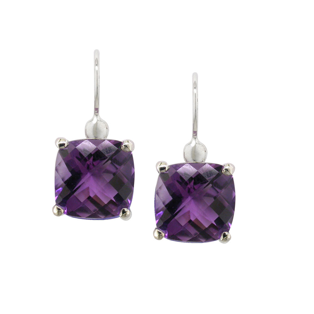 Designer White Gold Cushion Amethyst Drop Earrings London Road Cushion Amethyst Drop Earrings White Gold