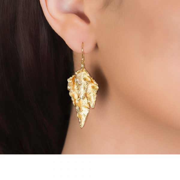 Yellow Gold Golden Layered Leaf Drop Earrings