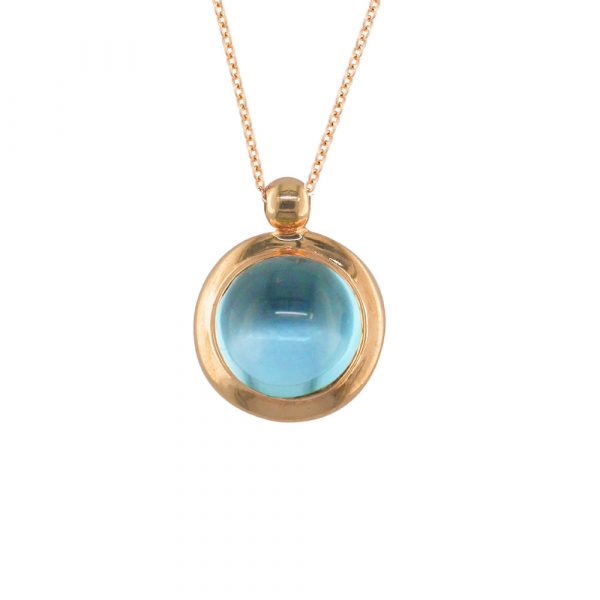 Classic rose gold blue topaz bubble necklace. Bright blue topaz gem set into 9ct rose gold on an adjustable rose gold chain.