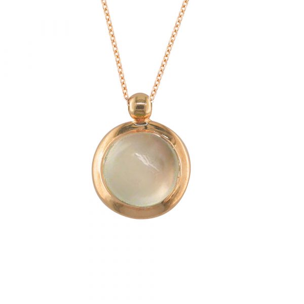Stunning rose gold moonstone bubble pendant necklace. A bright white moonstone gemstone set into rich 9ct rose gold, suspended from an adjustable 9ct gold chain. 
