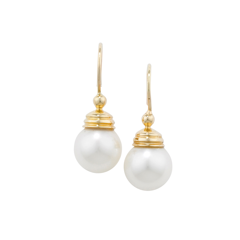 Designer Yellow Gold White Pearl Ball Drop Earrings Designer Yellow Gold White Pearl Ball Drop Earrings