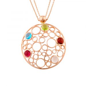 Unique 9ct rose gold bubble multi-gem pendant. The circle pendant design hangs from a double adjustable 9ct rose gold chain. 