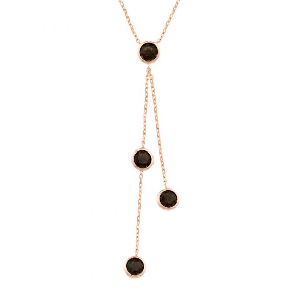 Delicate 9ct rose gold and smoky quartz drop pendant. Four stunning smoky quartz, bright brown gemstones, hanging from a 9ct rose gold adjustable chain. 