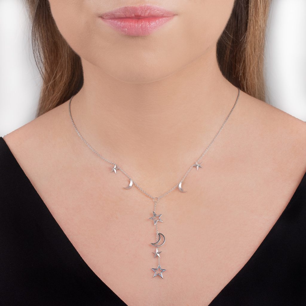 Womens Sterling Silver Fashion Design Star Moon Necklace