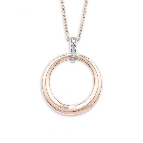 9ct rose gold circle pendant necklace with a stunning white gold diamond link. The pendant is attached to an adjustable 9ct gold chain. 