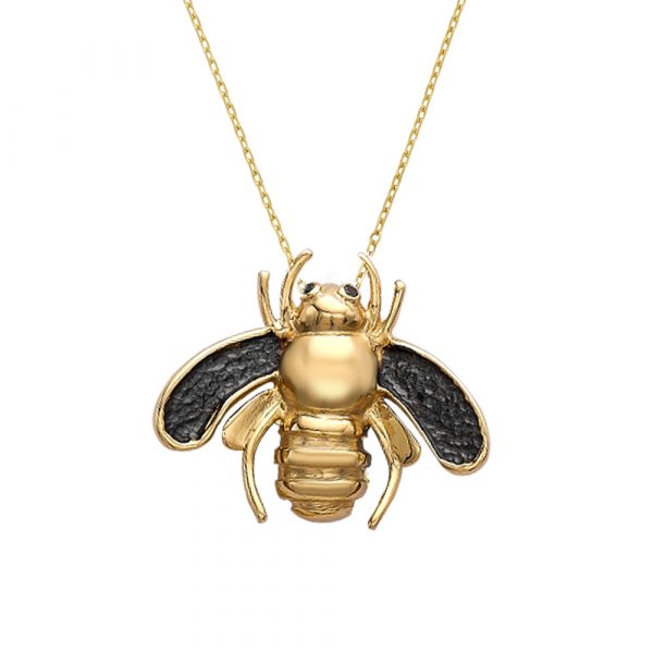Black diamond bee pendant yellow gold