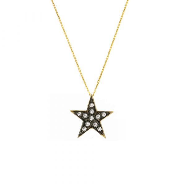 9ct yellow gold diamond star pendant, set with fine rose cut diamonds and is black rhodium plated. The pendant is suspended from an adjustable 9ct yellow gold chain.