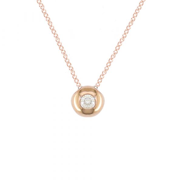 Single bright round diamond in polished rich 9-carat rose gold setting. Hanging from 16-inch rose gold chain sliding through. 