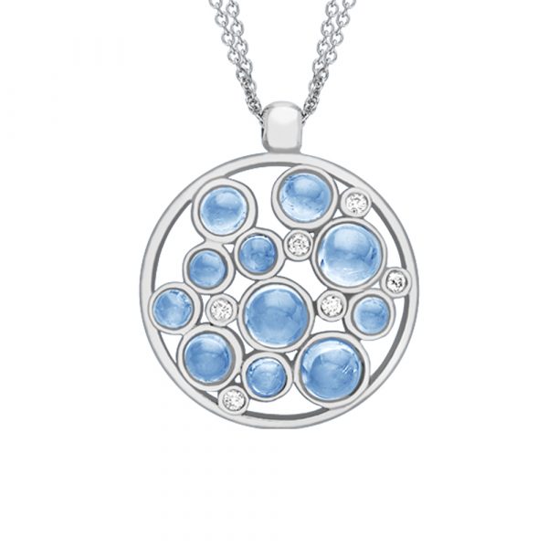 Stunning domed 9ct white gold diamond and blue topaz pendant. On an adjustable double white gold chain that slides through a white gold bead top.