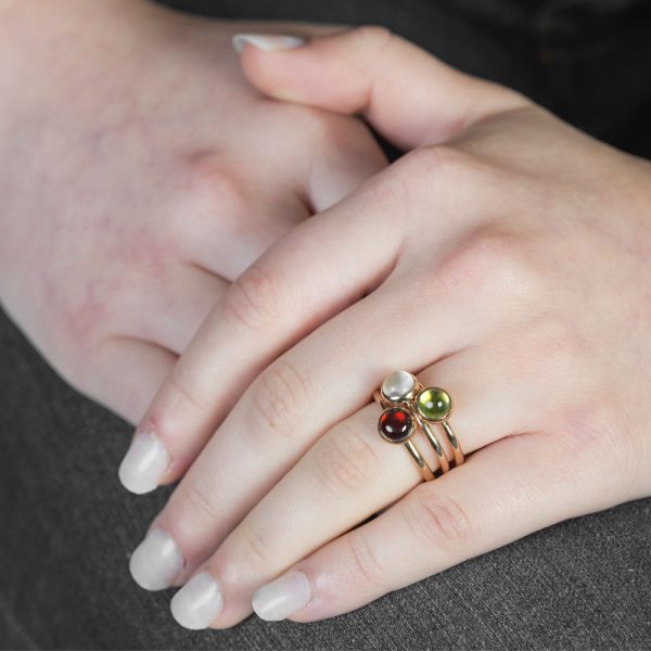 Rose gold peridot, garnet, moonstone stacking rings
