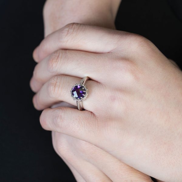 White Gold Chequer-cut Amethyst Coronation Ring
