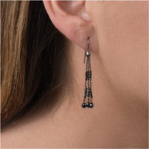 White gold black diamond bead drop earrings