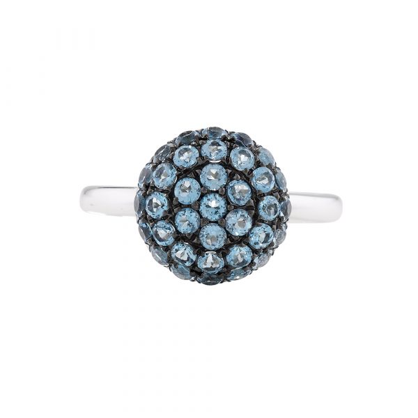 Blue topaz ball cluster ring white gold