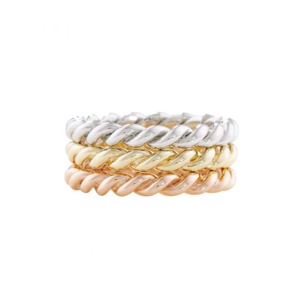 Rope stack rings rose yellow and white gold