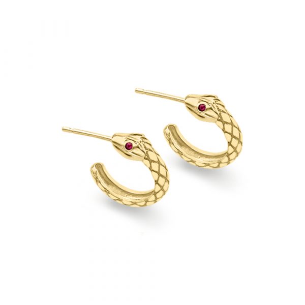 9ct yellow gold ruby snake hoop earrings