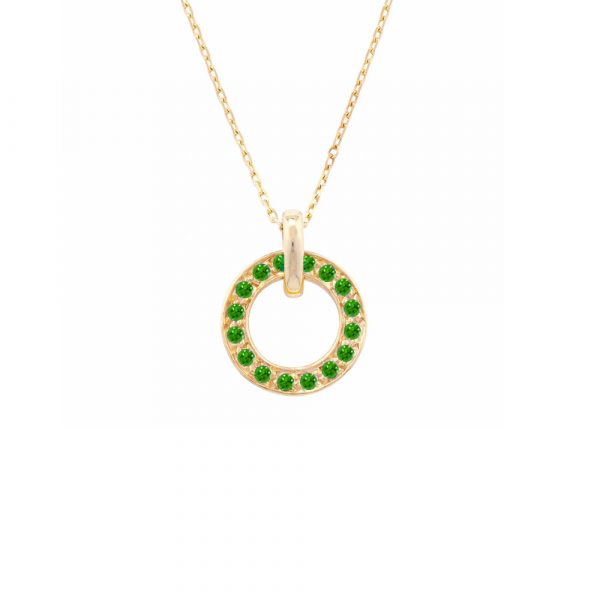Beautiful 9ct yellow gold tsavorite garnet circle necklace. Spinning circle pendant with 16 sparkling tsavorite garnet gemstones attatched to adjustable 9ct gold chain.