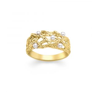 Yellow gold pearl willow ring