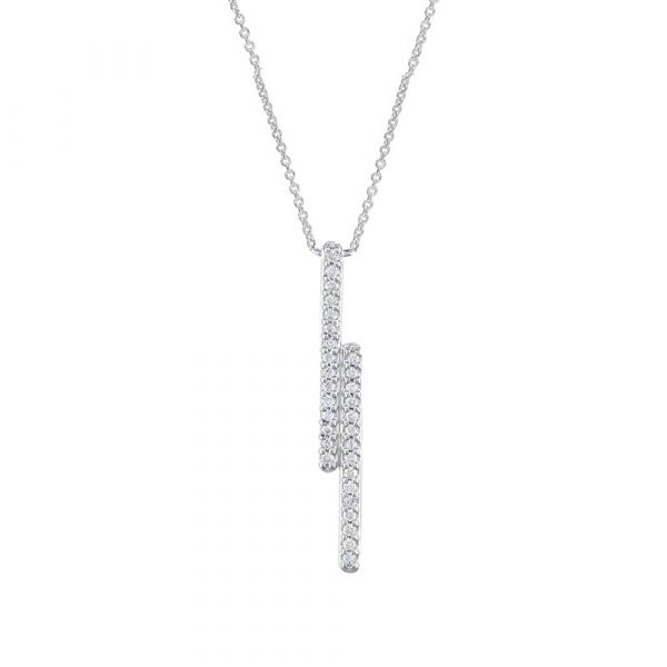 White gold diamond bar necklace pendant with 30 dazzling diamonds. Set in 9ct white gold and attached to an adjustable gold chain. 