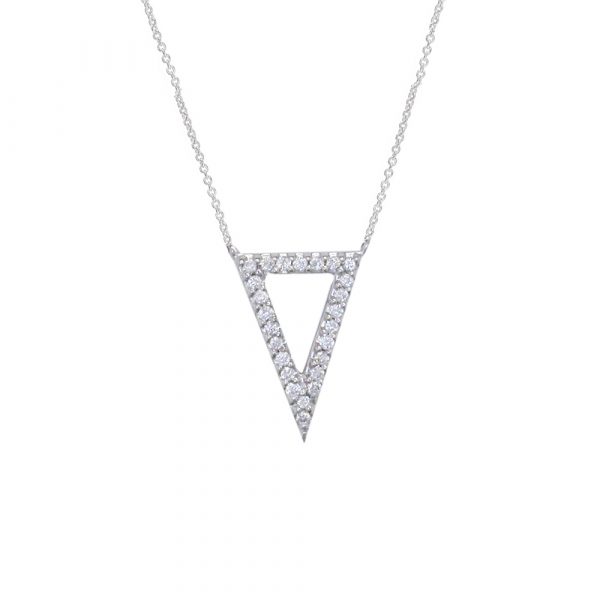 The triangle cut-out necklace has a total of 25 dazzling diamonds. The pendant is set in 9ct white gold and hangs perfectly from an adjustable 9ct gold chain. 