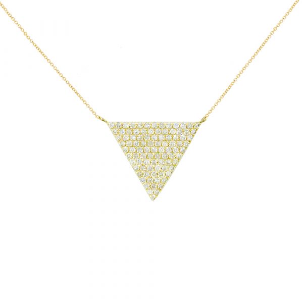 YBeautiful gold diamond triangle necklace. A triangle of 91 old cut diamonds suspended from 9ct gold adjustable chain. 