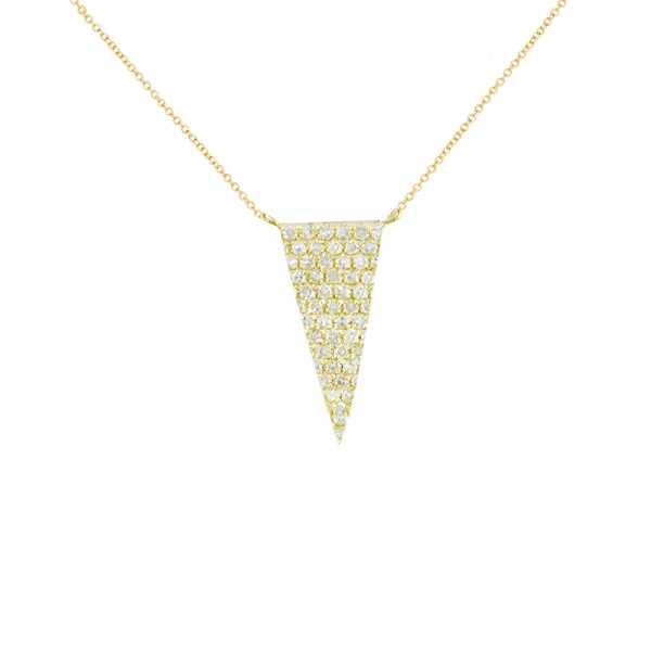 Unique gold diamond long triangle necklace. The pendant has 44 eight-cut diamonds and hangs from a 9ct gold adjustable chain. 