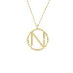 9ct yellow gold initial N pendant. With a single stunning diamond and neat 9ct gold twist surrounding circle. The initial pendant necklace hangs from an adjustable gold chain. 