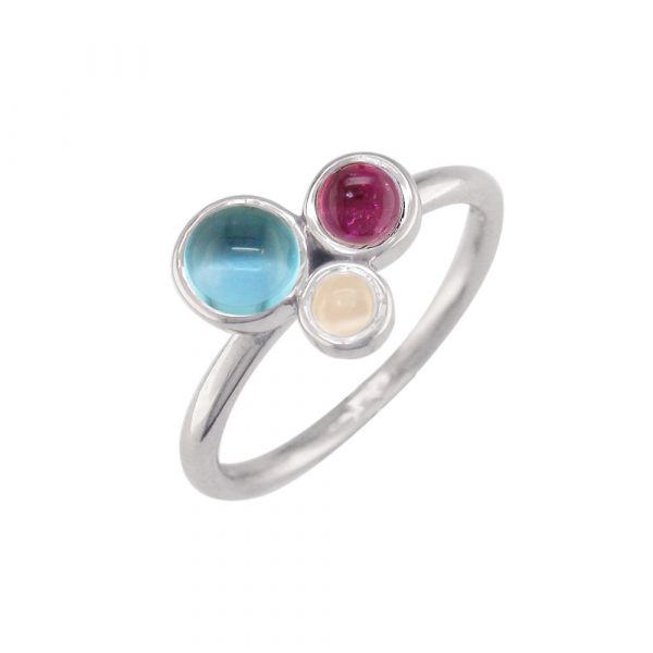 White gold moonstone, blue topaz, pink tourmaline Bubble ring