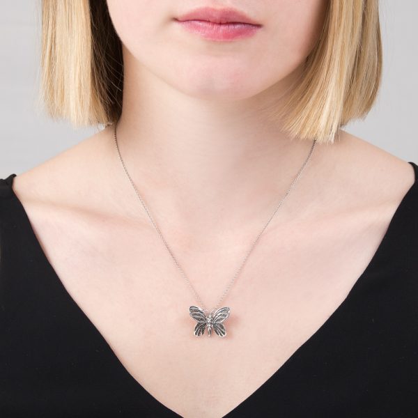 Silver black diamond butterfly pendant