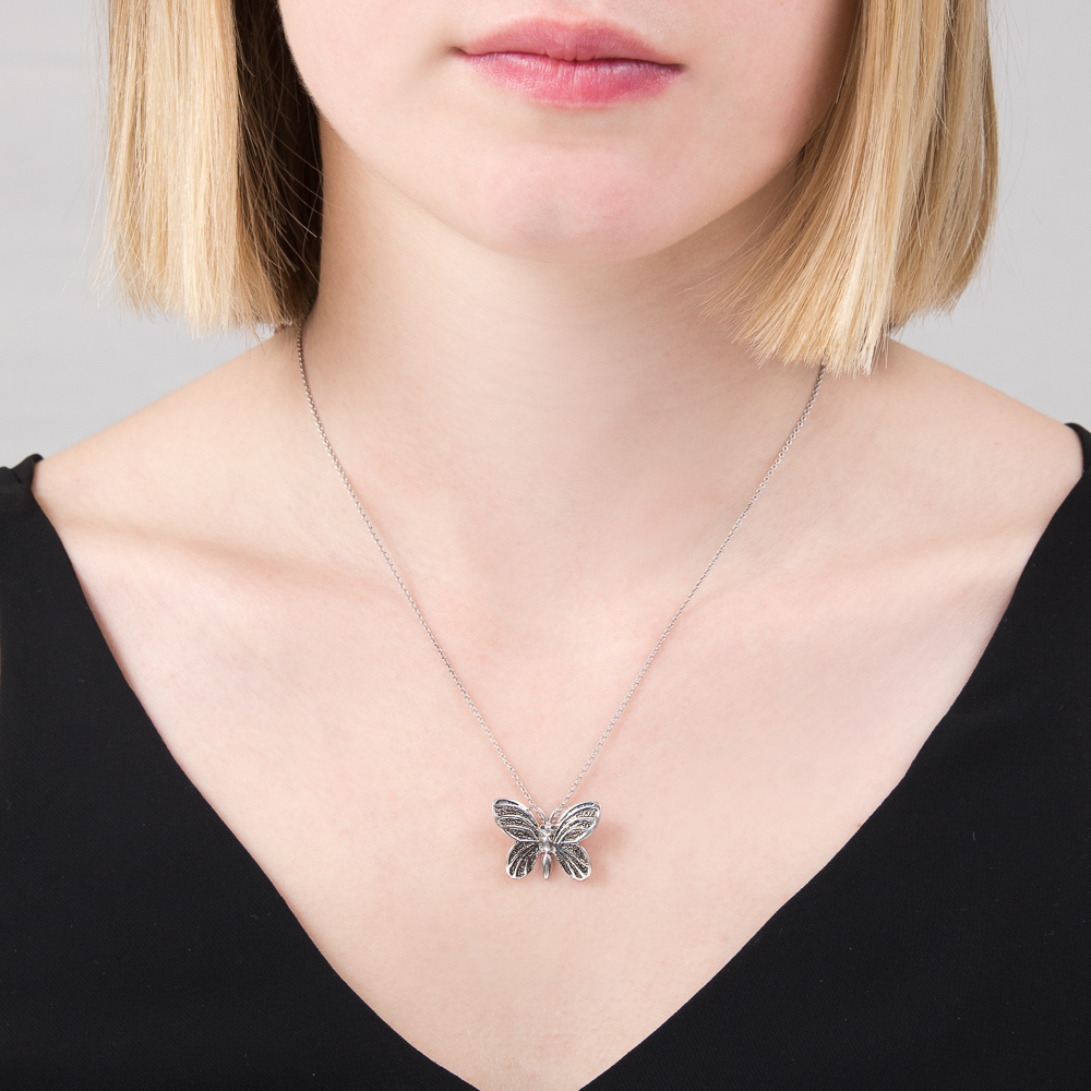 Silver and Black Diamond Butterfly Pendant Necklace - London Road Jewellery