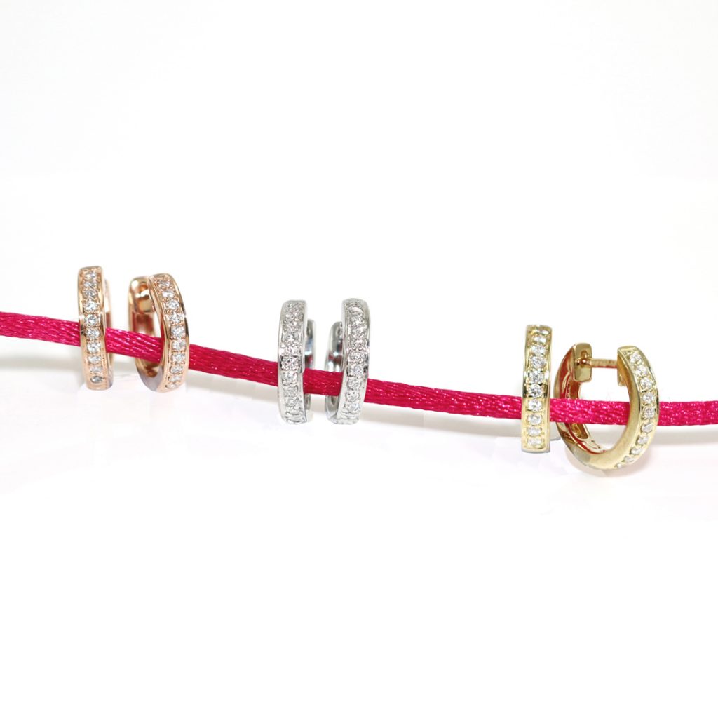 rose, yellow, white gold diamond hoop earrings