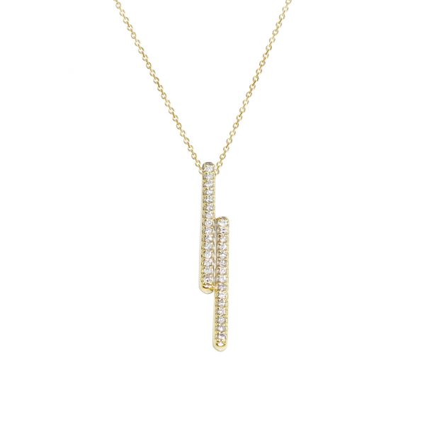 A stylish gold, diamond, double bar necklace with 30 sparkling diamonds.  The pendant hangs from a 9ct gold adjustable chain.