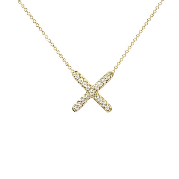 Gold, diamond kiss necklace featuring 17 brilliant-cut diamonds. The geometric "x" pendant is suspended from an adjustable 9ct gold chain. 