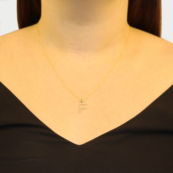 9ct yellow gold diamond initial F pendant