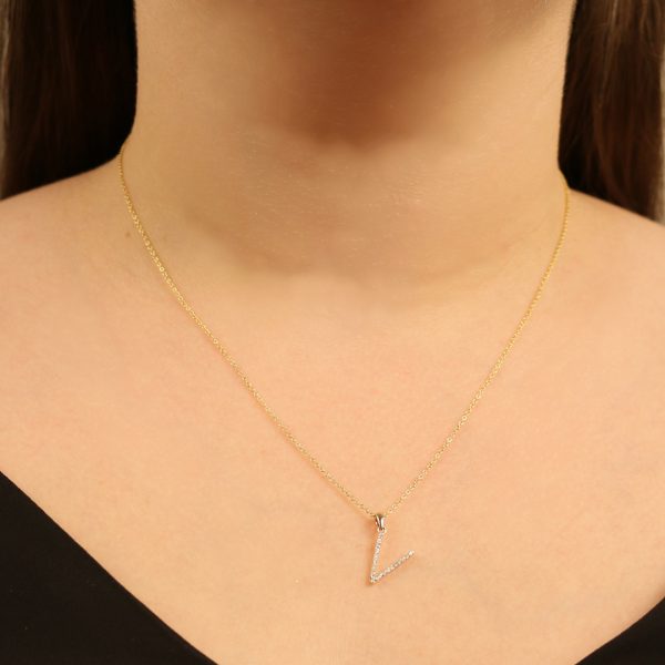 9ct yellow gold diamond initial V necklace