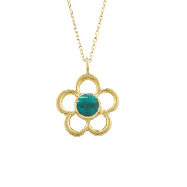 9 carat yellow gold turquoise Birthstone flower pendant necklace